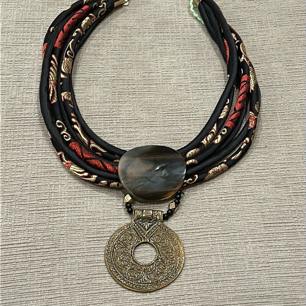 NWOT Chicos Asian multi-strand rope necklace w/ circular shell and brass pendant